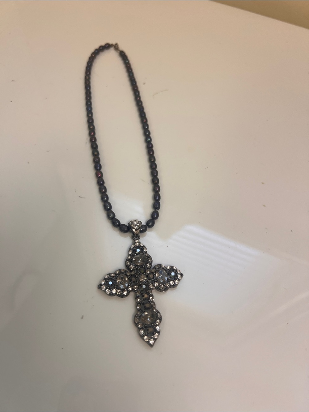 Crystal Cross Pendant Necklace in Black and Silver